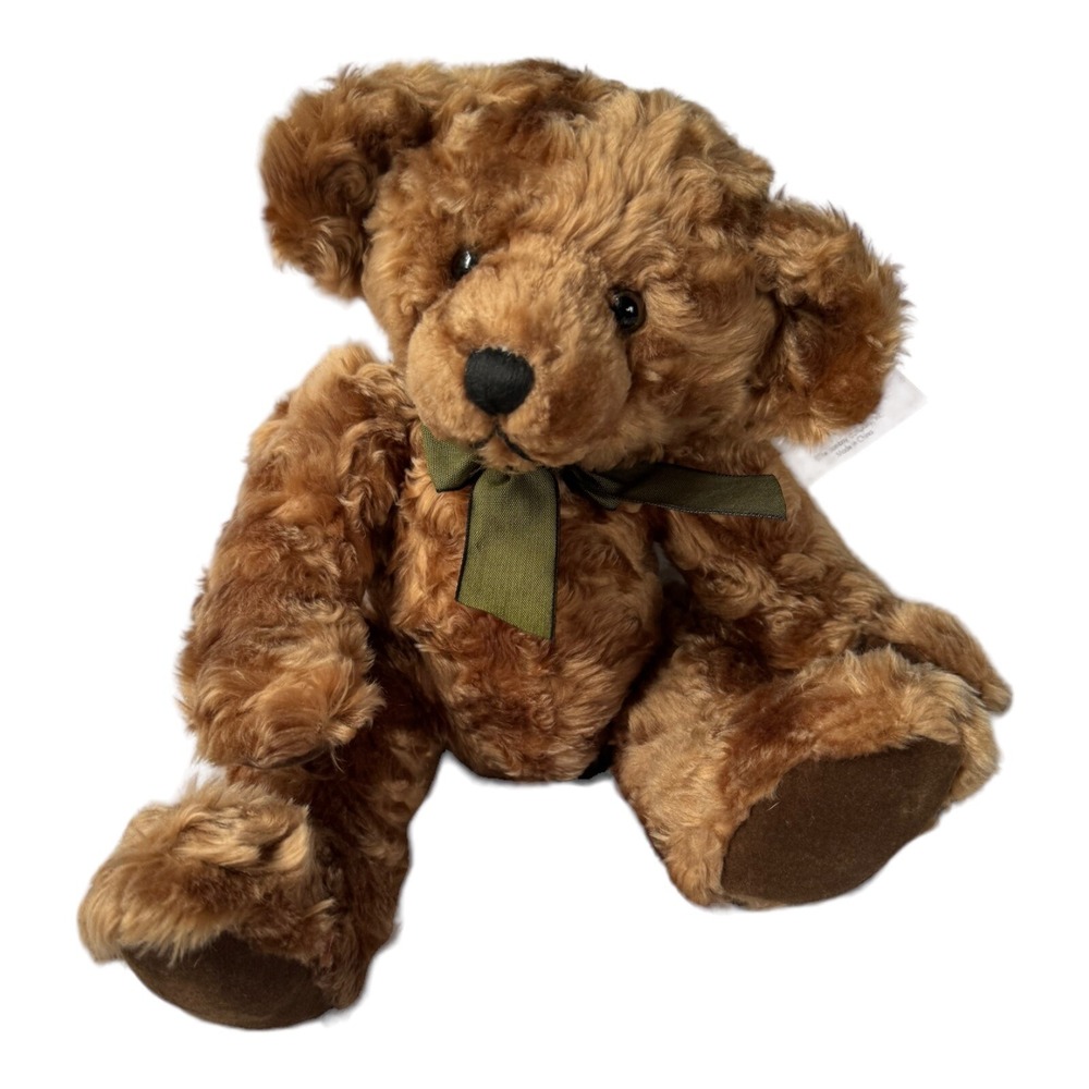 DEXTER Brown curly fur Bear w/Green Ribbon Bow plush 9" sitting position BOMBAY